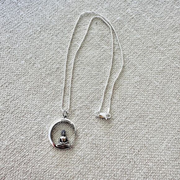 Sterling Silver Buddha Necklace, Circle Pendant, Yoga Necklace - Picture 4 of 5